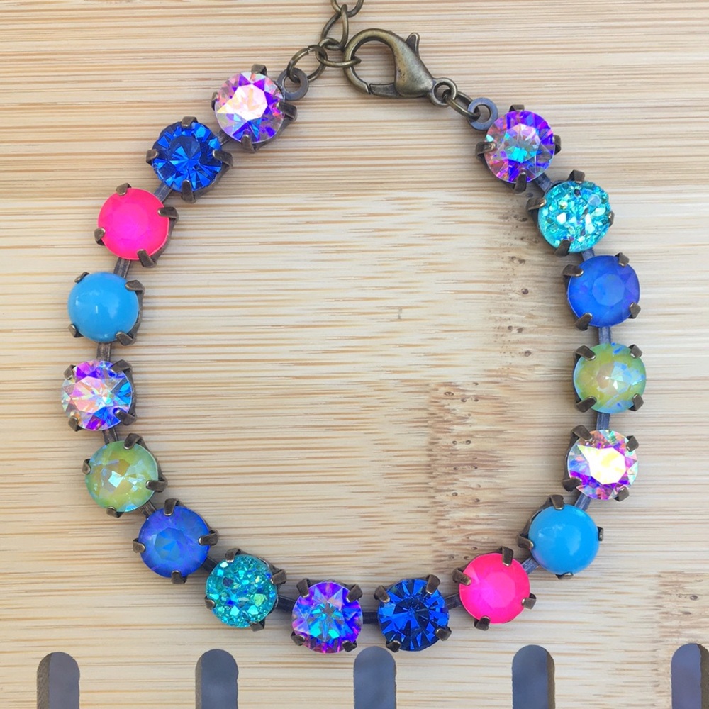 “Lillie” Antique Brass Hot Pink+Sapphire Aurora Borealis Crystal Tennis Bracelet